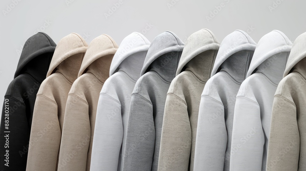 Obraz premium Three girls in a row, wearing blank hoodies. Charcoal gray, white, and another white from left to right