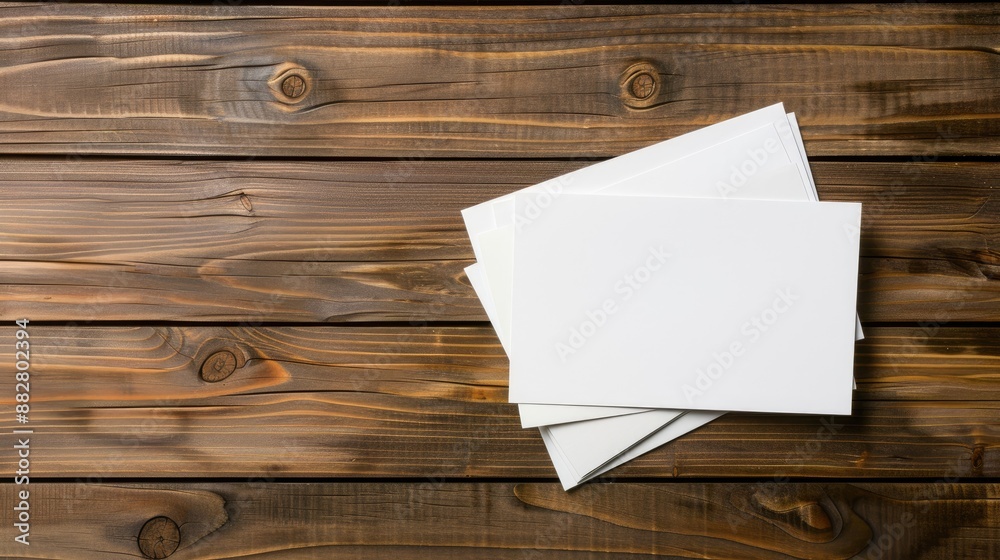 A stack of blank white business cards rests on a brown wooden table