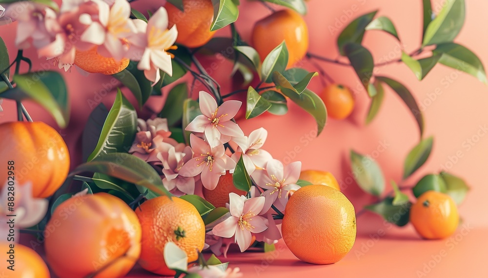 Abstract Composition with Oranges, Blossom Branches, and Geometric Shapes on Coral Background. Concept of Quiet Luxury