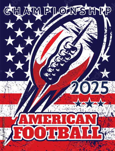 Colored vector advertising poster template on the theme of American football with ball on flag background