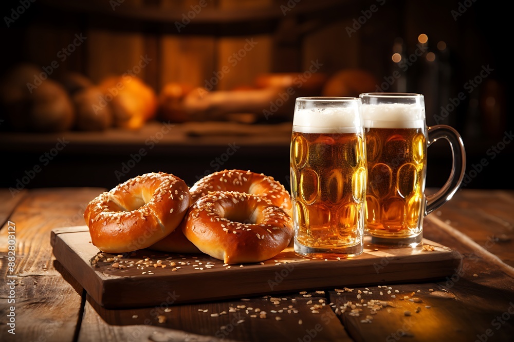 Mug of beer with pretzels and bread on wooden table Mug of beer with pretzels and bread on wooden table