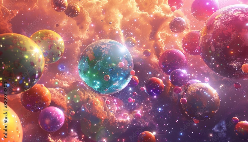 Fototapeta premium Vivid Cosmic Illustration with Colorful Spheres Resembling Distant Planets