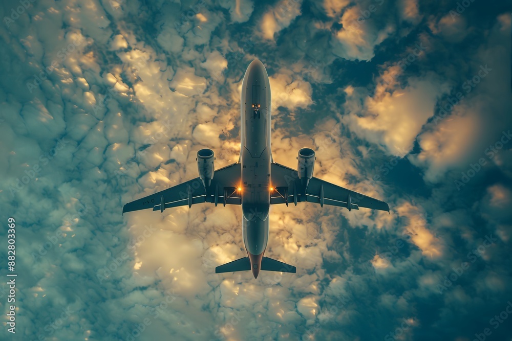 Fototapeta premium Airplane Soaring Through a Dramatic Cloudy Sky at Sunset