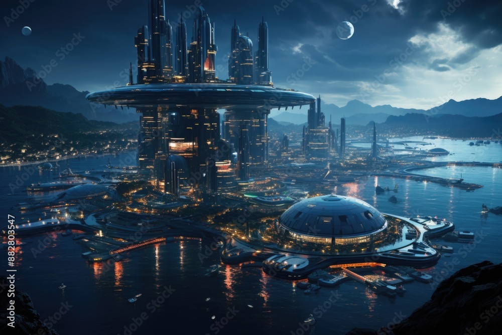 Futuristic Port with Automated Cargo Handling Systems and Communication Towers Symbolizing Modern Transportation and Technology Futuristic Port with Automated Cargo Handling Systems and Communication Towers Symbolizing Modern Transportation and Technology