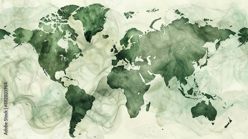 Fototapeta Naklejka Na Ścianę i Meble -  Watercolor world map green abstract. Abstract green watercolor world map, perfect for global, environmental, and travel themes.