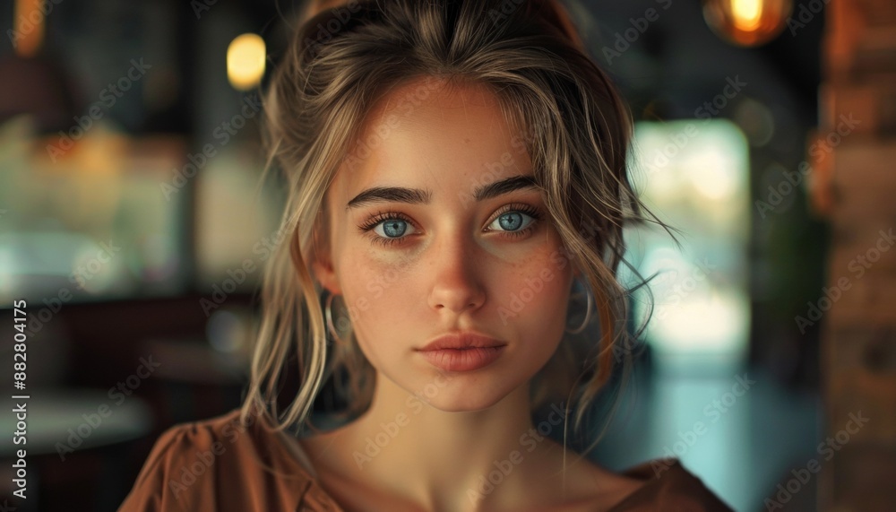 Young Woman in Cafe Looking Directly at Camera with Gentle Expression Young Woman in Cafe Looking Directly at Camera with Gentle Expression