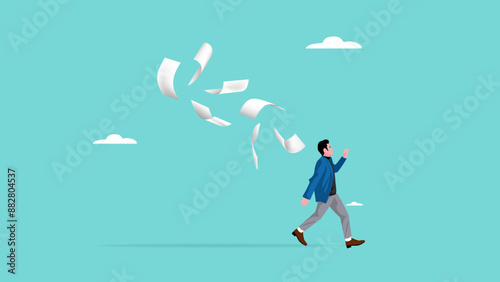 overwhelmed with completing the excessive workload, stressed and tired from business problem and trouble, burnout and depression , confused and fearful businessman runaway from chasing paperwork