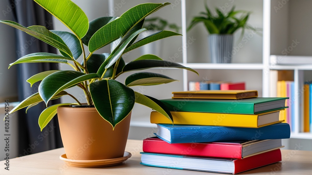 a stack of vibrant books beside a potted plant. a stack of vibrant books beside a potted plant.