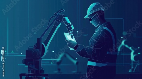 Robots and robotic tools, manufacturing process, smart technology, dark blue, vector illustration of concept industrial technology.
