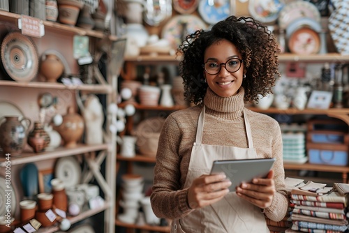 A woman in an apron stands near shelves with decor and accessories for the home, holding a tablet computer and smiling at the camera while working on digital marketing of her small business store or s photo