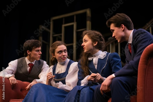 a group of people sitting on top of a red chair