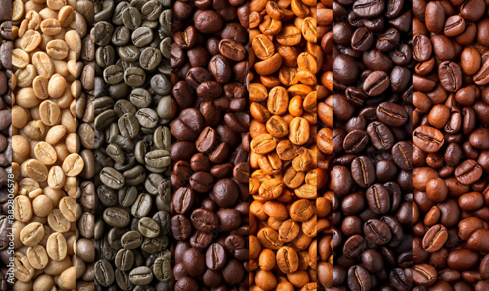Fototapeta premium Coffee beans. coffee beans showing various stages of roasting from green beans through to Italian roast. Coffee concept