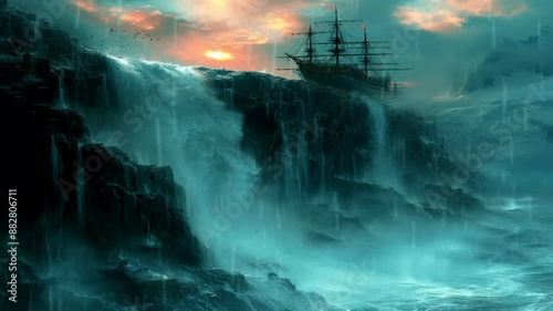 The beauty of the abandoned pirate ship between the river and a beautiful waterfall with an area of ​​mist adds to the mystical atmosphere