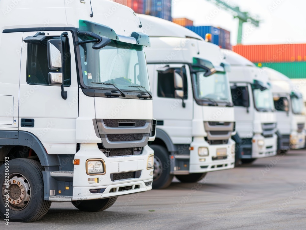 Multiple trucks lined up for loading at port, organized transport, with copy space, focus on objects, deep depth of field. Multiple trucks lined up for loading at port, organized transport, with copy space, focus on objects, deep depth of field.