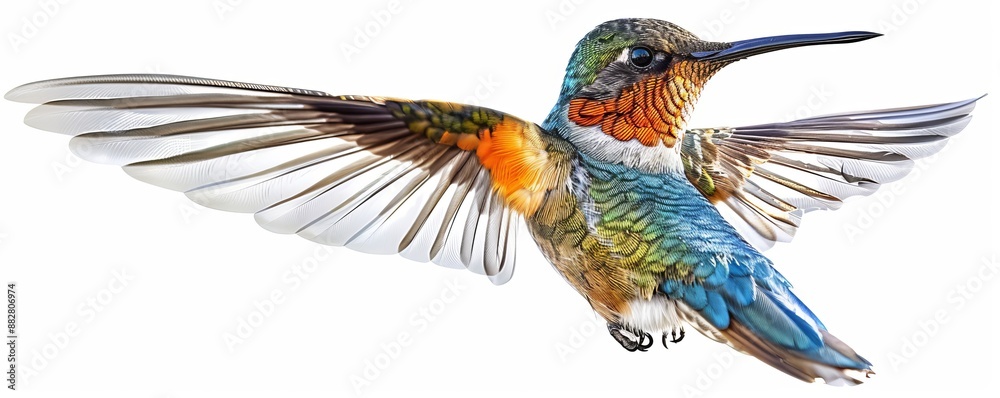 Obraz premium A photorealistic image of a hummingbird hovering in mid-air, its wings beating so fast they blur into motion.