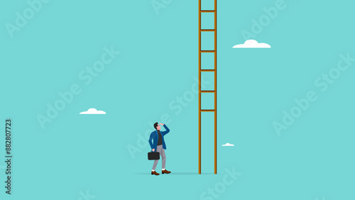 first step is always the hardest, first step is difficult to take, hesitation to initiate an action, hardest thing in life is always taking the first step, struggling businessman takes the first step