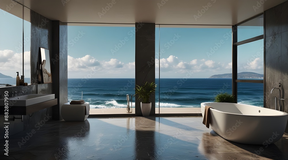 Stylish bathroom illustration with sea view. generative.ai Stylish bathroom illustration with sea view. generative.ai