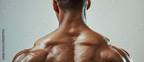 Detailed closeup of contracted rhomboid muscles, showcasing strength and definition, in black and white. photo