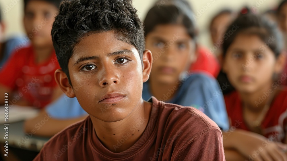 A realistic portrait of a teenage boy in a classroom on the first day of school, capturing the early morning vibe. A realistic portrait of a teenage boy in a classroom on the first day of school, capturing the early morning vibe.