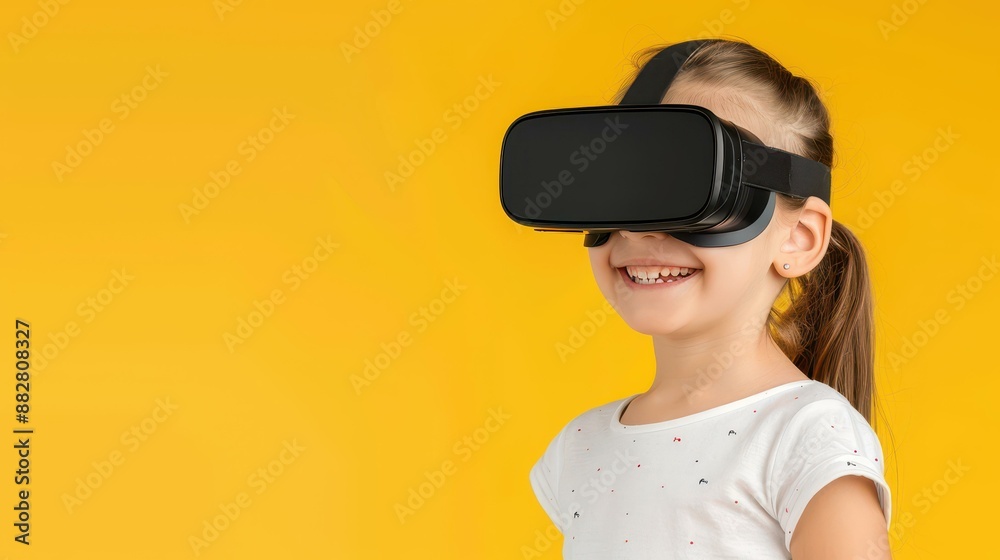 Vibrant image of a confident Hispanic girl in virtual reality glasses, joyfully posing against a vivid yellow backdrop.