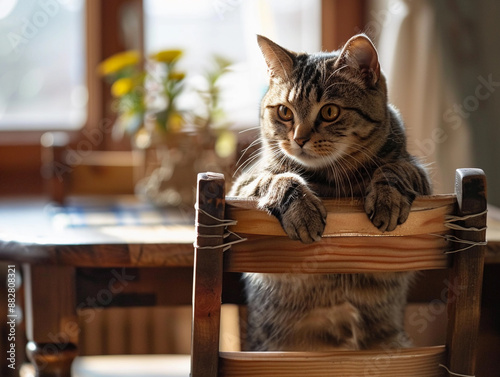 Tabby Cat Sitting On A Wooden Chair By A Window