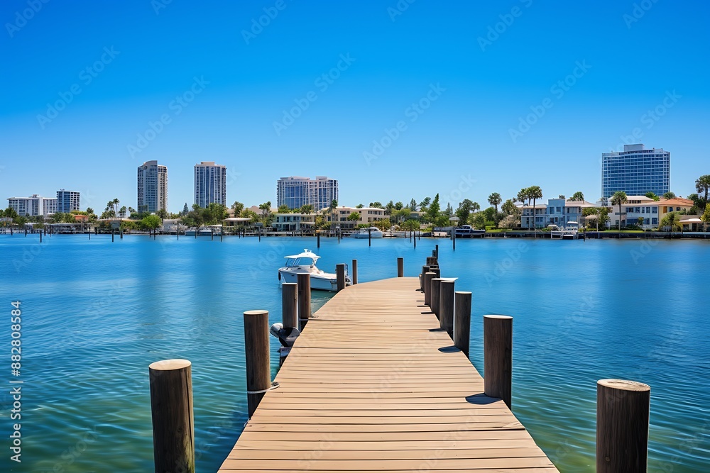 Fototapeta premium Wooden jetty on the lake blue sky