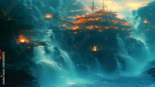 The beauty of the abandoned pirate ship between the river and a beautiful waterfall with an area of ​​mist adds to the mystical atmosphere
