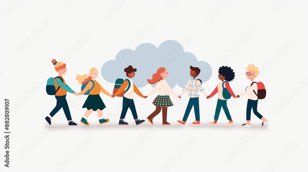 Together We Soar: Diverse Group of Students Walking on Cloud, Embracing Back to School, Community, and Learning Adventure Together We Soar: Diverse Group of Students Walking on Cloud, Embracing Back to School, Community, and Learning Adventure