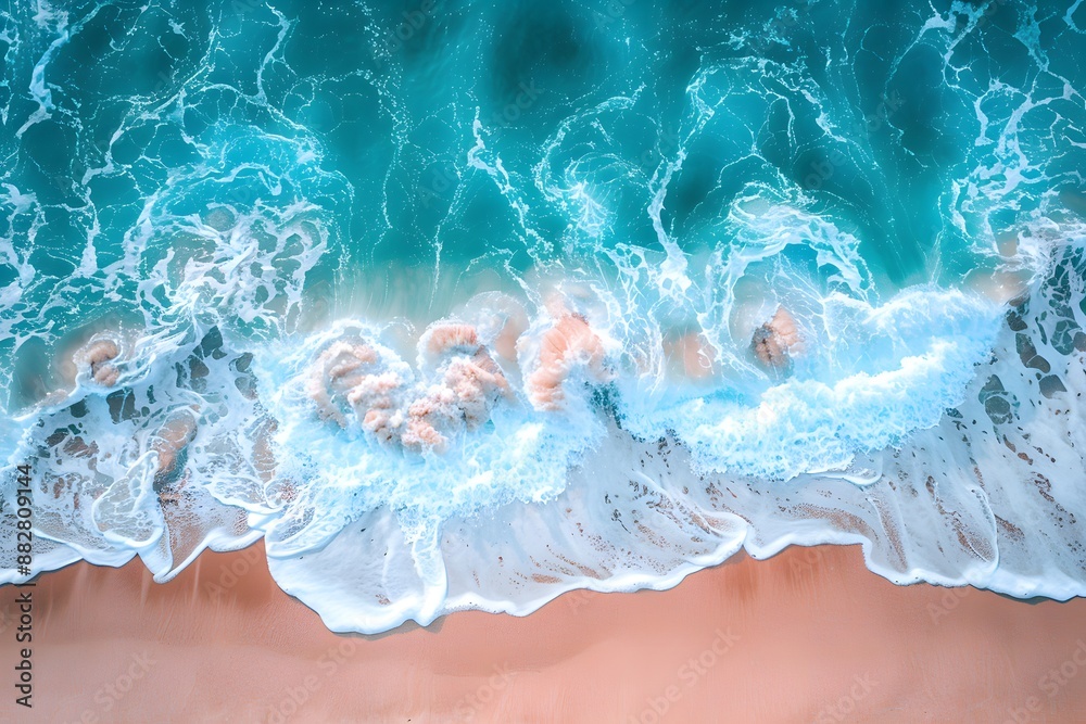 Aerial View of Turquoise Waves Crashing on a Sandy Beach Aerial View of Turquoise Waves Crashing on a Sandy Beach