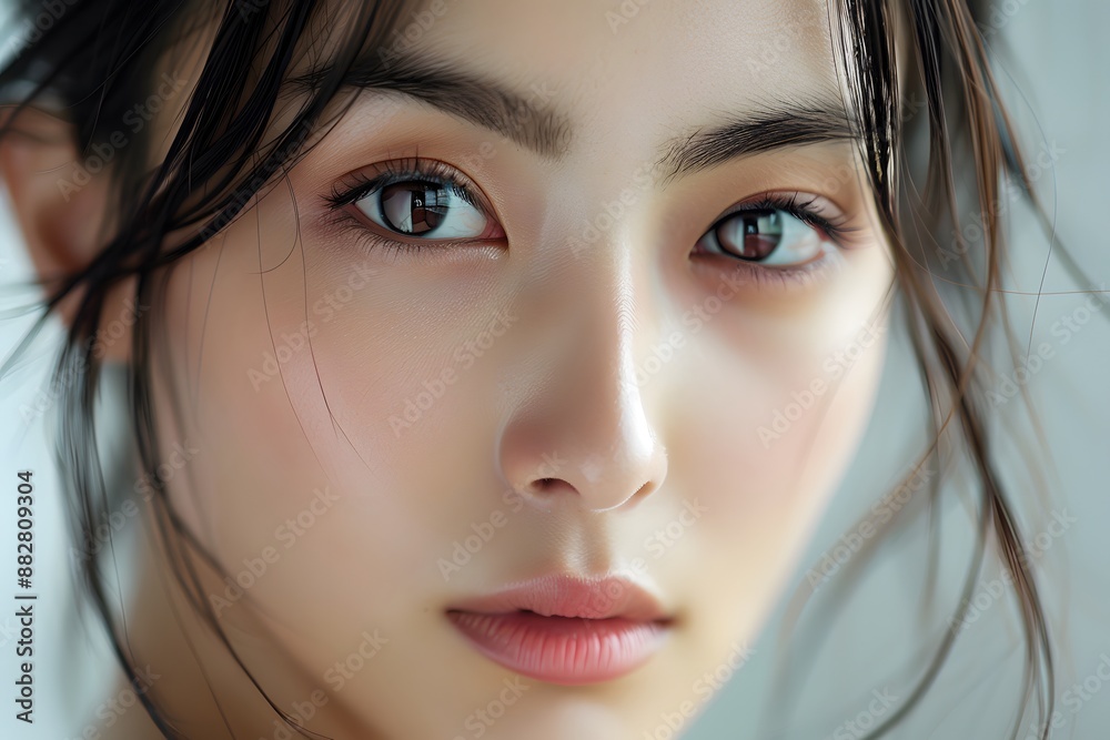 Close-Up Portrait of a Woman with Natural Makeup and Soft Expression Close-Up Portrait of a Woman with Natural Makeup and Soft Expression
