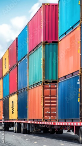 Truck loaded with containers at port, side view, copy space, deep depth of field, logistics in action.