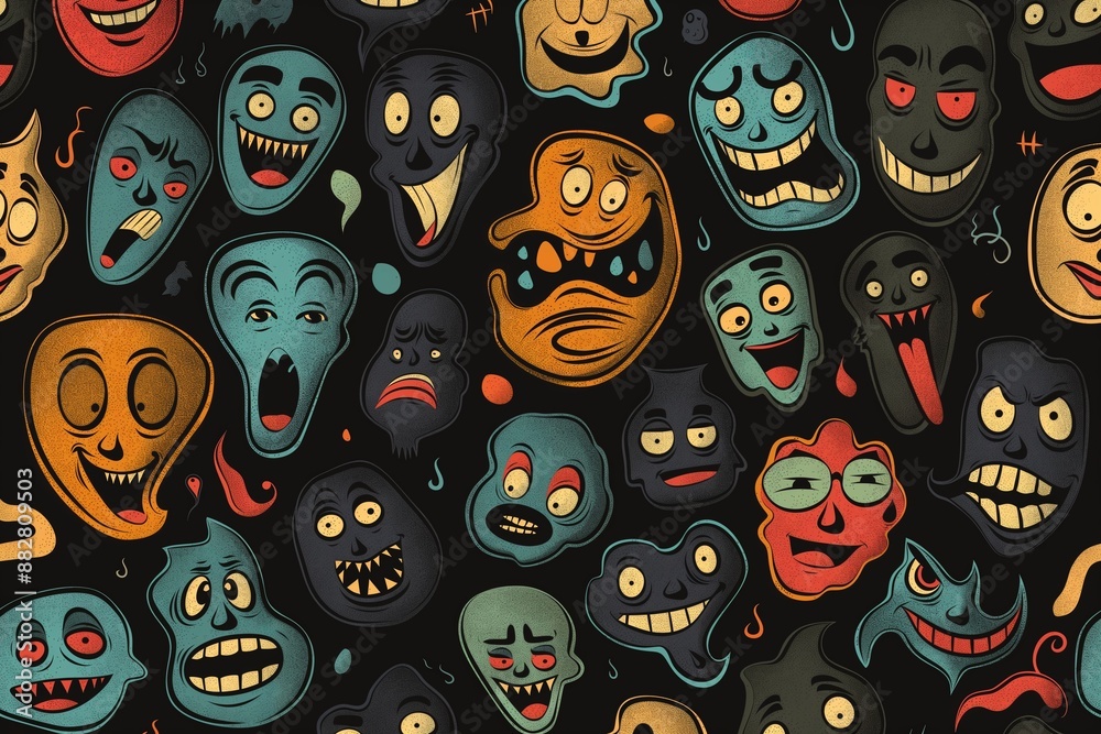 Colorful cartoon faces with expressive emotions on a black background, character design concept Colorful cartoon faces with expressive emotions on a black background, character design concept