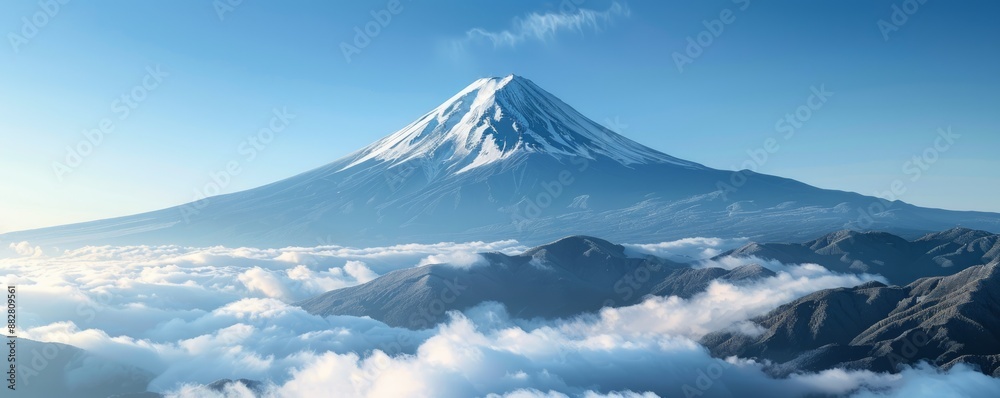 A snow-capped mountain peak piercing the clouds, its slopes covered in a blanket of fresh snow. A snow-capped mountain peak piercing the clouds, its slopes covered in a blanket of fresh snow.