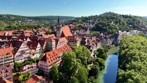 Aerial footage of flight over the Neckar River and old town of the city of Tübingen in South Germany