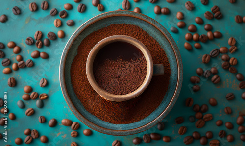 A cup of fragrant hot coffee on textured wood.Hot warming drink. Good morning. Morning concept. View from above. Place to copy.