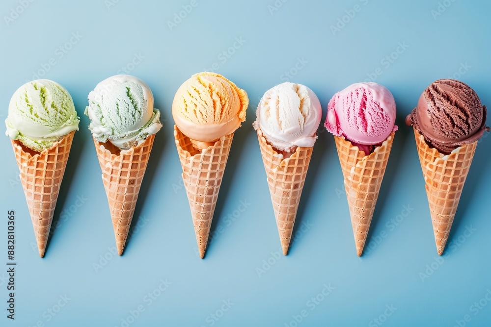 Various ice cream scoops in cones on blue background, top view. Assortment of vegan colorful ice cream in waffle cones. Flat lay - generative ai Various ice cream scoops in cones on blue background, top view. Assortment of vegan colorful ice cream in waffle cones. Flat lay - generative ai