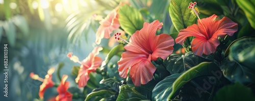 Vibrant hibiscus flowers blooming in a tropical garden, 4K hyperrealistic photo