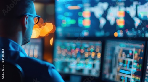 Travel logistics command center with manager coordinating drops, transportation, featuring copy space, deep depth of field, covering all objects.