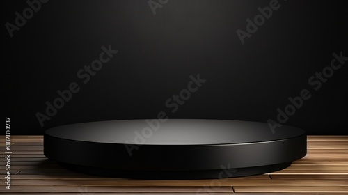 Black podium or pedestal display on dark background with long platform
