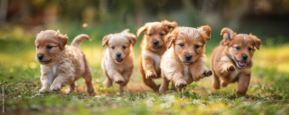 A playful group of puppies chasing each other in a field. A playful group of puppies chasing each other in a field.