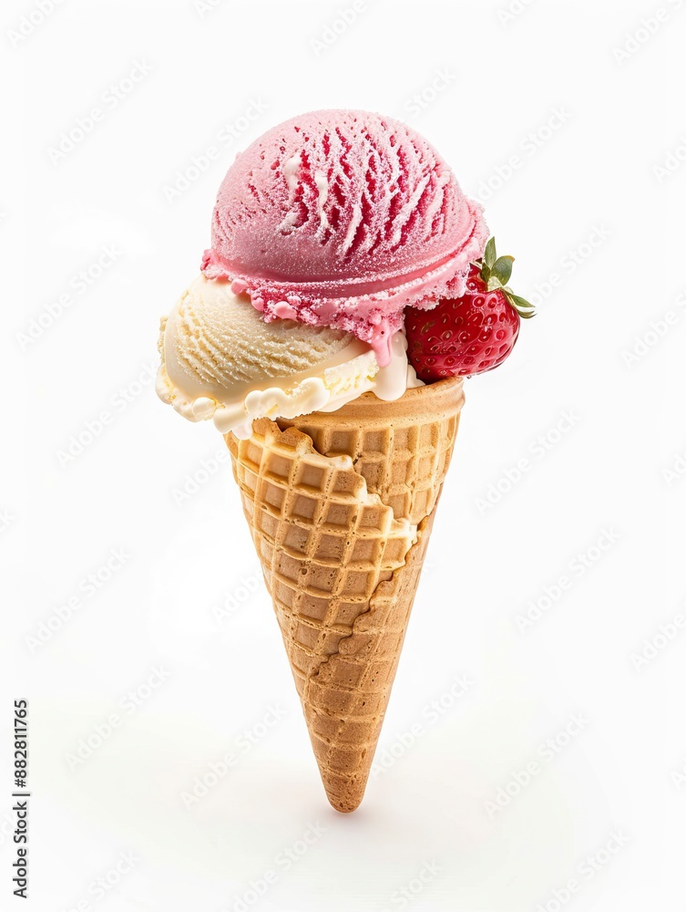Ice cream cone isolated on white background, summer concept, strawberry and vanilla icecream scoop - generative ai Ice cream cone isolated on white background, summer concept, strawberry and vanilla icecream scoop - generative ai