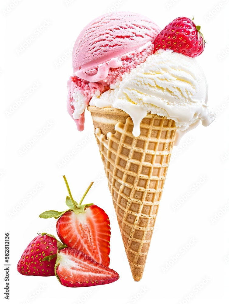 Ice cream cone isolated on white background, summer concept, strawberry and vanilla icecream scoop - generative ai Ice cream cone isolated on white background, summer concept, strawberry and vanilla icecream scoop - generative ai