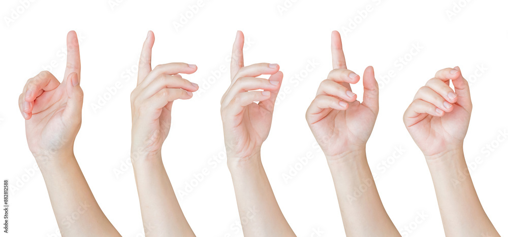 female hand touching or pointing to something set isolated on white background female hand touching or pointing to something set isolated on white background