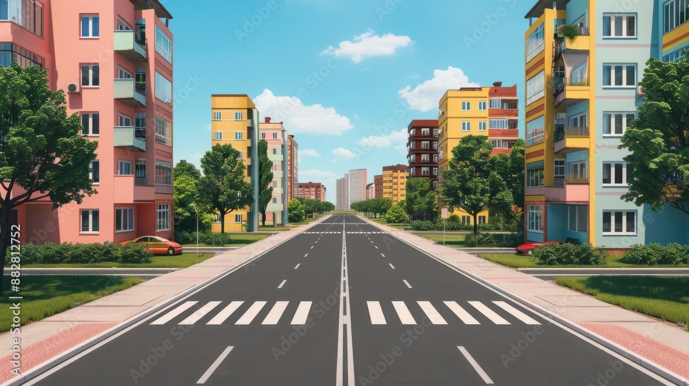 Obraz premium Modern city street with colorful apartment buildings, green trees, and blue sky with white clouds, featuring pedestrian crosswalks.