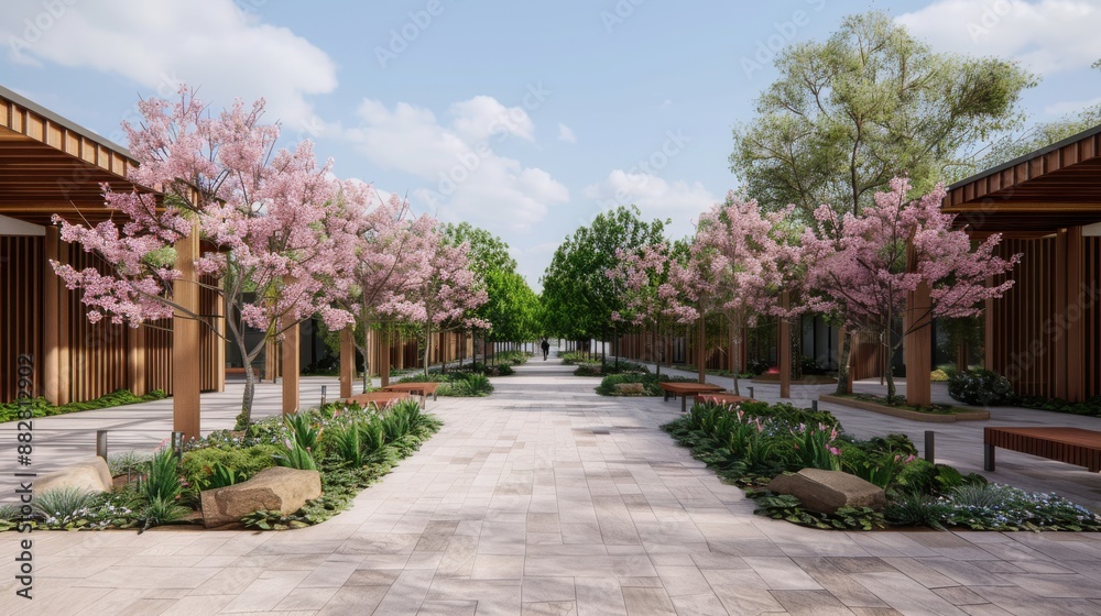 Serene courtyard with blooming trees, benches, and modern buildings under a clear sky, perfect for a peaceful stroll on a sunny day. Serene courtyard with blooming trees, benches, and modern buildings under a clear sky, perfect for a peaceful stroll on a sunny day.