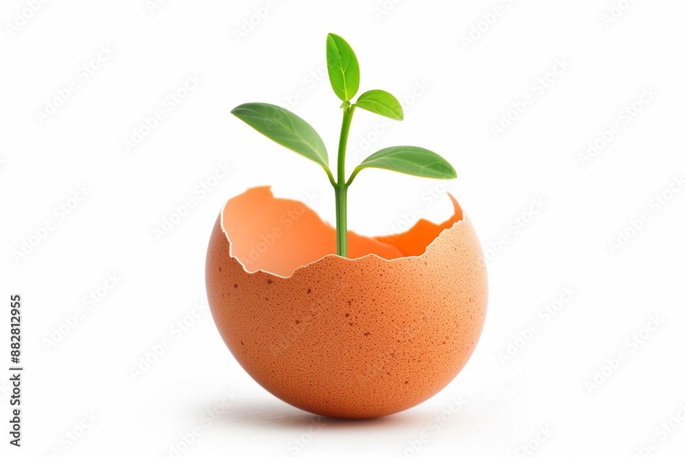 Single Eggshell with Small Plant Growing Isolated on White Single Eggshell with Small Plant Growing Isolated on White