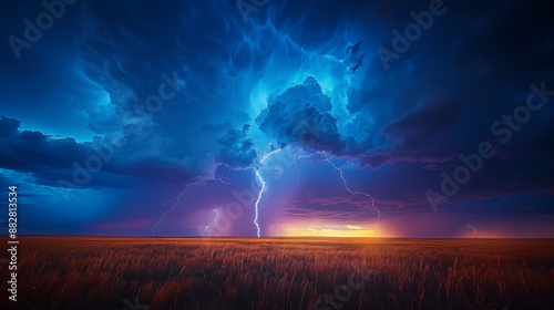 Lightning storm illuminates wheat field at sunset, dark clouds and electric bolts over golden prairie. Concept of nature's power and dramatic weather.