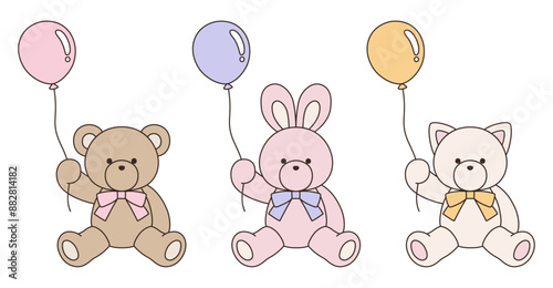 リボンをつけたかわいいくまとうさぎとねこのぬいぐるみのベクターイラストセット。アイコン、風船
