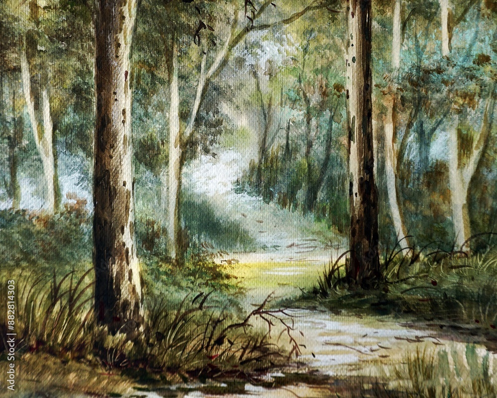Fototapeta premium hand painted original impressionism masterpieces painter art watercolor painting - landscape of tree natural beauty from thailand 