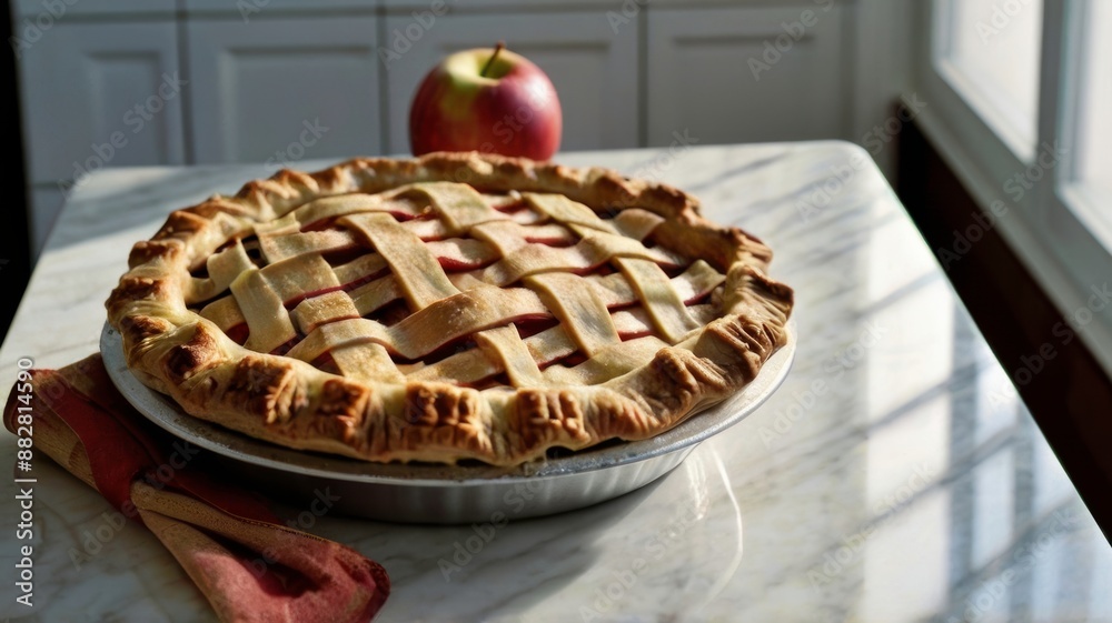 photo of an apple pie with a latticework crust place on kitchen counter, with apples and cinnamon next to it, The counter is marble white, bird's-eye view angle photo of an apple pie with a latticework crust place on kitchen counter, with apples and cinnamon next to it, The counter is marble white, bird's-eye view angle